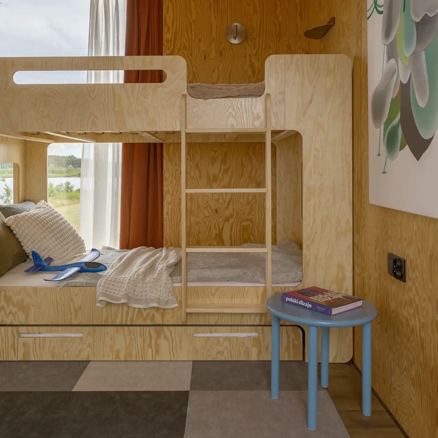 Łóżko piętrowe dla dzieci z szufladą i stelażem MIMI D Montessori Drewniane